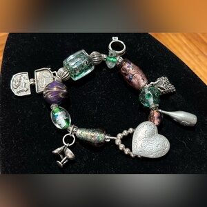 VTG Danforth Pewter Bracelet Art Glass Beads Charms Venetian Wine Toggle Clasp